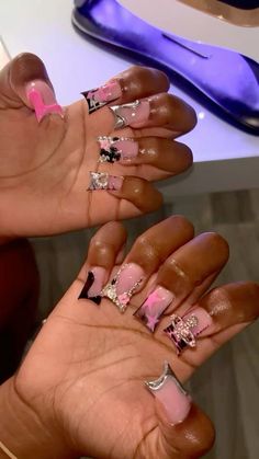 @classifiedpisces Pink Short Duck Nails, Duck Nails Junk Nail, 2000s Nails Acrylic Y2k Short, Birthday Nails Libra Short, Acrylic Nails Duck Shape, Nails Duck Shape, Cute Charm Nails, Nails Design With Charms, Medium Duck Nails Acrylic