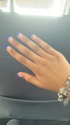 Blue frenchie acrylic nails💅 Nail Ideas For 13-14, French Tip Nails For School, Nail Inspo Short Almond French Tip, Easy Basic Nail Designs, French Tip Acrylic Nails Navy Blue, Cute Nails For Cheer, Blue French Dip Nails, Really Cute Nail Ideas, Megan Moroney Blue Nails