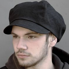 Handmade, cotton-linen newsboy cap in the popular, oversize 5 panel ZUT style, but in this more minimal style 'ZUTfred', with no hat band.  Suitable for men or women. It is made in a very special Japanese Mikkusu fabric which is a dense black colour.  The fit is refined with a subtle, non-visible piece of elastic hidden within the crown at the back.  The cap is hand-stitched inside to finish. Lightweight and stylish, the perfect thing to keep in your bag- just in case.  Please use the zoom feature to see the quality of the fabric up close. The crown seams are top stitched for structure and shape and the peak is sewn through in the same way.  Available in 3 sizes and with or without a visible logo tag. . Unique pattern completely designed and made from scratch by me personally . Made to ord Womens Newsboy Cap, Black Berets, Black Beret, Baker Boy Cap, Newsboy Cap, Minimal Style, French Linen, Beautiful Hats, Black Colour