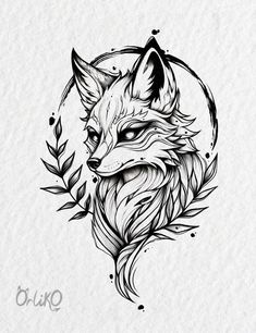 a tattoo design of a fox with leaves on it