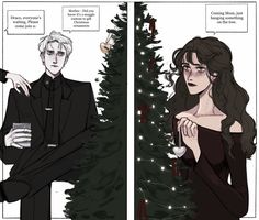 a comic strip with an image of a man and woman standing next to a christmas tree