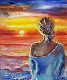 a painting of a woman looking out at the ocean