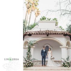 a bride and groom standing in front of a gazebo at their wedding reception venue