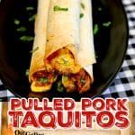 an advertisement for pulled pork taquitos on a black plate with a checkered tablecloth