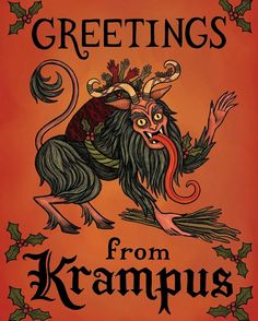 a book cover for greetings from kramus with an image of a demon