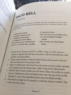 the taco bell recipe book is open to show ingredients and instructions on how to cook it