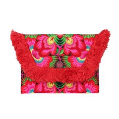 a red clutch bag with pink flowers and green leaves on the front, sitting on a white background