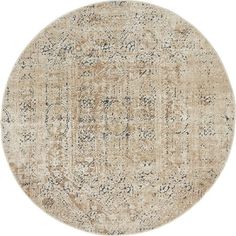 a round rug with an old fashion design on the top and bottom, in beige tones