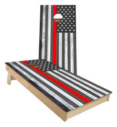 an american flag themed cornhole game with blue and white lines on the back side