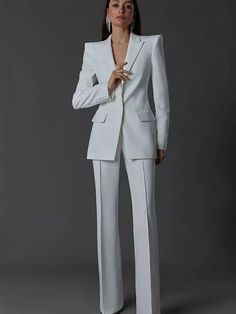 White Woman's Solid Pant Suit 2 Piece Single-Breasted Business Casual Custom #ad Pant Suits Plus Size, Formal Pantsuit, Mother Of The Bride Suits, White Pants Women, Chiffon Pants, Mother Of Bride Outfits, Smart Casual Style, Formal Pants