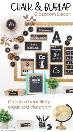 Burlap and chalkboard classroom decor set. Classroom Decor Ideas, Classroom Routines And Procedures, Welcome Banners, Math Wall, Farmhouse Classroom