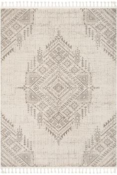 an area rug with fringes on the edges and a design in grey, beige and white