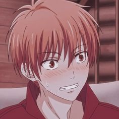 an anime character with red hair and brown eyes looking at the camera while wearing a red shirt