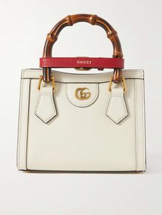 GUCCI Diana mini textured-leather tote White Gucci Bag With Detachable Handle, Gucci Bag With Leather Lining And Double Handle, White Gucci Bag With Handles, Formal Cream Epsom Leather Bags, Gucci Calf Leather Tote Bag, Modern White Gucci Bag, Designer White Calf Leather Bag, White Timeless Epsom Leather Bag, Timeless White Epsom Leather Bag