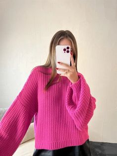 Knit sweater with puffed sleeves. This quality knit sweater will keep you warm in this sweater weather season. Its bright fuchsia color will get you in the trendiest color this season. Fabric: 100% acrylic Sweater Texture, Pink Run, Love Struck, Hot Pink Sweater, Hot Sweater, Yarn Sweater, Fuchsia Color, Cardigan Top, Chunky Knits Sweater