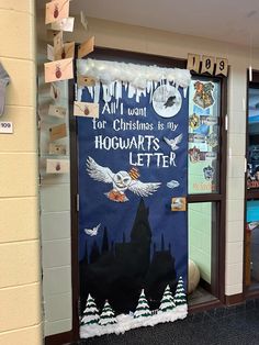 a door decorated with harry potter's hogwarts letters and pictures on it