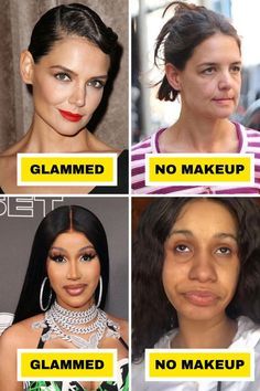 four different types of women's faces with the words glammed, no makeup