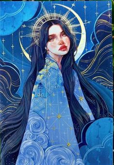 a painting of a woman with long hair and stars on her face in the sky