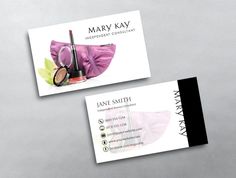 two business cards with makeup products on them