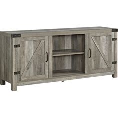 an entertainment center with sliding doors on the front and side panels, in grey wood