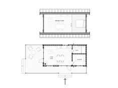 the floor plan for a small cabin with two separate rooms and one living room in it