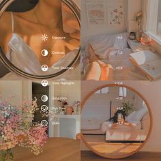 three different images show the inside of a bedroom with flowers in vases and bed linens