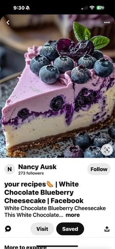 an instagram page with a slice of cheesecake and blueberries on it