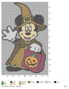 a cross stitch pattern with mickey mouse holding a pumpkin