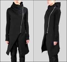 Asymmetric Front Cut Zip Closure/Overlong Rib Sleeve Hoodie Cut Hoodie, Hoodie Hood, Long Cut, Hoodie Coat, Men's Knit, Long Hoodie, Sleeve Detail, High Collar, Black Hoodie