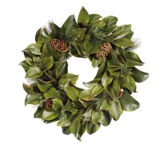 a wreath with green leaves and pine cones