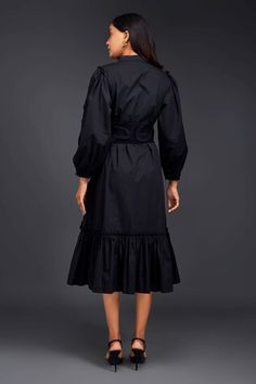 Black shirt dress with matching pleated frill detailing on one side. - Aza Fashions Fitted Long Sleeve Dress With Pintucks, Chic Long Sleeve Dress With Pintucks, Elegant Cotton Midi Dress With Gathered Sleeves, Chic Formal Dress With Pintucks, Long Sleeve Formal Dress With Pintucks, Formal Long Sleeve Dress With Pintucks, Elegant Fall Dress With Pintucks, Elegant Cotton Midi Dress With Pleated Sleeves, Elegant Cotton Dress With Pintucks