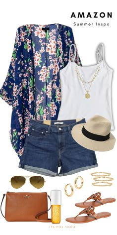 collage of a boho casual  summer outfit 2023 idea for over 40 midsize women showcasing a kimno and shorts for the beach