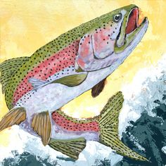 Elevate your home or office with this richly textured rainbow trout fish painting by Danny Schreiber. "Determination" features a vibrant rainbow trout with rich green and pink tones against a dynamic yellow and teal background. The layered tones were thoughtfully applied with brushes and palette knives on 16 x 20 inch canvas. Details: This original fish artwork is a one-of-a-kind acrylic painting on 16 x 20 inch canvas. It is framed in a classic satin black wood frame. Using quality professional River Fish Painting, Fish Jumping Out Of Water Painting, Acrylic Fish Painting Easy, Acrylic Trout Painting, Funny Fish Paintings, Trout Painting Acrylic, Fish Paintings Acrylic, Animal Paintings Acrylic Wildlife Art, Fish Painting Ideas