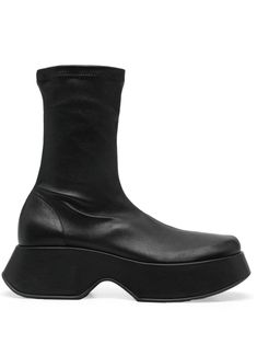 black calf leather panelled design square toe chunky rubber sole slip-on style Black Modern Mid-calf Boots With Square Toe, Black Calf Leather Square Toe Platform Boots, Black Square Toe Calf Leather Platform Boots, Black Calf Leather Platform Boots With Square Toe, Black Square Toe Platform Boots In Calf Leather, Leather Platform Boots With Square Toe, Modern Black Calf Leather Platform Boots, Modern Chelsea Boots In Calf Leather, Modern Calf Leather Chelsea Boots