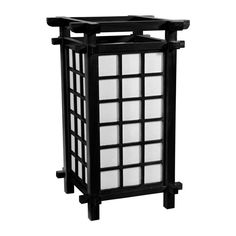 a black and white lantern with squares on the sides, in front of a white background