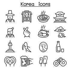 korean icons set in black and white on a white background stock photo, royalty illustration