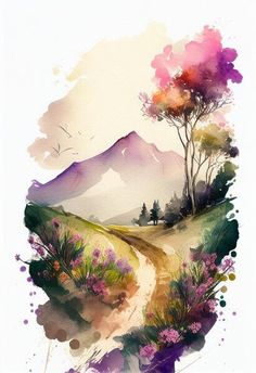 a watercolor painting of a dirt road with trees and mountains in the background