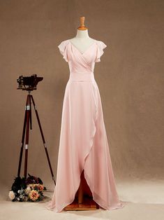 Numbersea Sheath Column V-neck Floor Length Chiffon Bridesmaid Dress Sleeves with Cascading Ruffles Chiffon Long Dress, Blush Bridesmaids, Bridesmaid Dresses With Sleeves, Dress With Split, Blush Bridesmaid Dresses, Floor Length Chiffon Bridesmaid Dresses, Chiffon Dress Long, Bridesmaid Dresses Online, Long Bridesmaid Dress