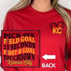 Kansas City Football Crewneck, Hoodie, Long Sleeve Tee or T-shirt is the perfect gift for any KC Football Fan for her birthday or Christmas! T-shirt: This is made with the Bella & Canvas 3001 classic unisex jersey short sleeve tee.  It fits like a well-loved favorite, soft cotton and quality print make users fall in love with it over and over again. These t-shirts have-ribbed knit collars to bolster shaping. The shoulders have taping for better fit over time. Dual side seams hold the garment's s Football Shirt Women, Football Crewneck, Kc Football, Kansas City Football, Heart Hoodie, Shirt For Women, Football Fans, Football Shirt, Shirt Women