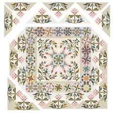 a square quilt pattern with leaves and flowers on the center, in pastel colors