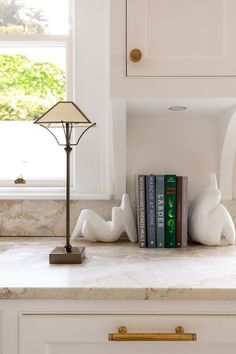 books are sitting on the kitchen counter next to a lamp