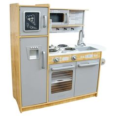 a wooden toy kitchen with an oven and sink