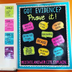 a bulletin board with colorful speech bubbles and the words'got evidence prove it '