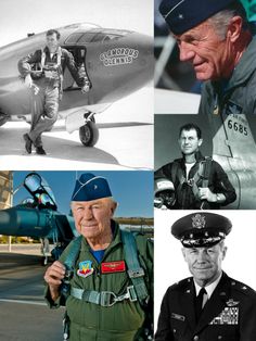 an old man in uniform standing next to a plane and another photo with other men