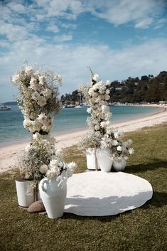 two white vases with flowers sitting on top of a grass covered field next to the ocean