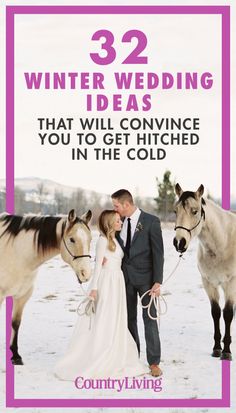 a bride and groom standing next to two horses with the words 32 winter wedding ideas that will convince you to get hitched in the cold