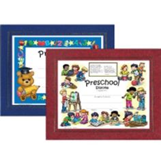 two framed pictures with children's artwork and the words preschool written on one side