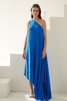 Cobalt blue one-shoulder maxi dress in modal base. - Aza Fashions Blue One-shoulder Maxi Dress For Summer, Blue One Shoulder Maxi Dress For Spring, Blue Asymmetrical Maxi Dress, Blue Asymmetrical Maxi Dress For Summer, One Shoulder Maxi Dress, Maxi Dress For Women, Dress For Women, Womens Maxi Dresses, Women Dresses