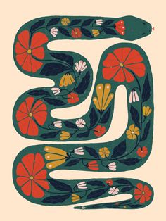 an illustration of a snake with flowers on it's tail and the letter e