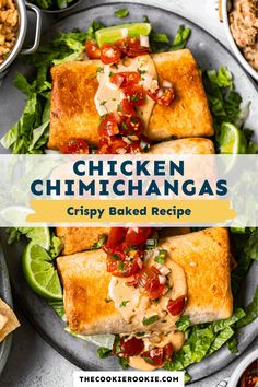 chicken chimichangas on a plate with lettuce and tomatoes